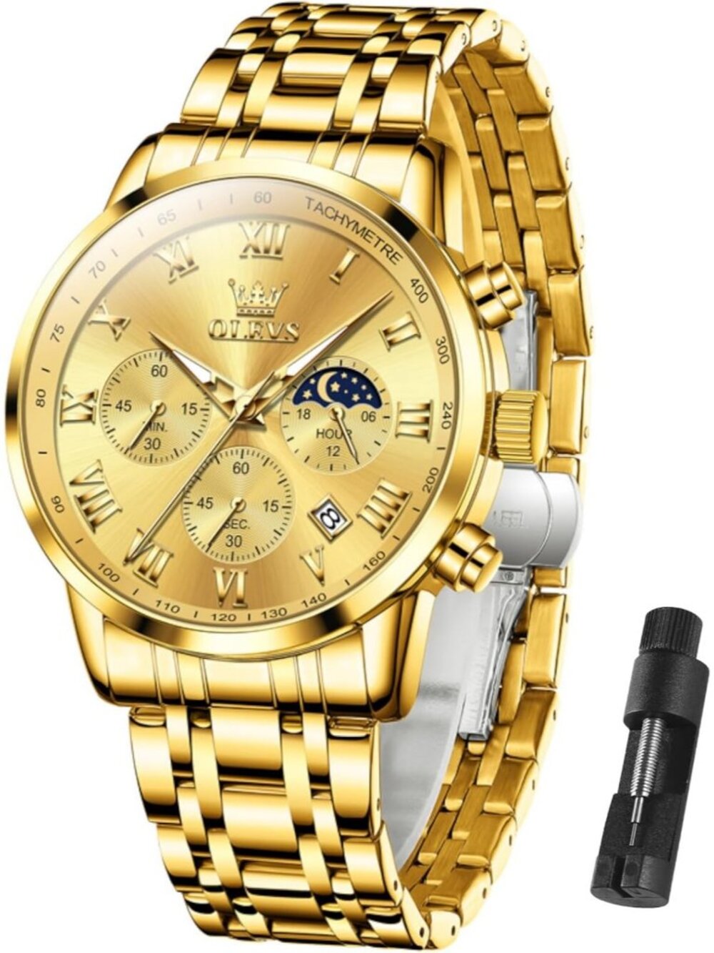 Olevs Men's Gold Multifunction Waterproof Luminous Chronograph Wrist Round Watch